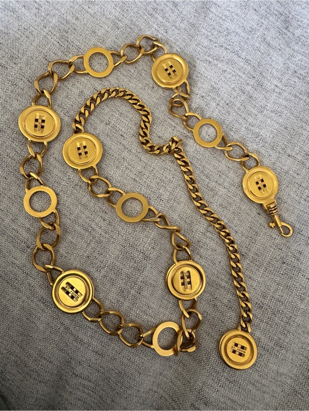 ST JOHN Designer Runway Button Style  Gold Tone Chain Belt